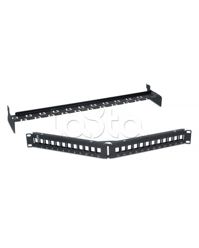 Патч-панель угловая модульная 19, 1U, 24 порта RJ-45, для неэкранированных модулей, с задним кабельным организатором (без модулей) Cabeus PLB-24-CON в Симферополе Патч панель Pintop.ru
