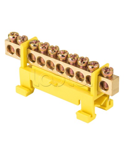 Шина 0 PE (6х9мм) 10 отверстий латунь желтый изолятор тип Стойка на DIN-рейку EKF PROxima (sn0-63-10-sy) в Симферополе Клеммные колодки Pintop.ru