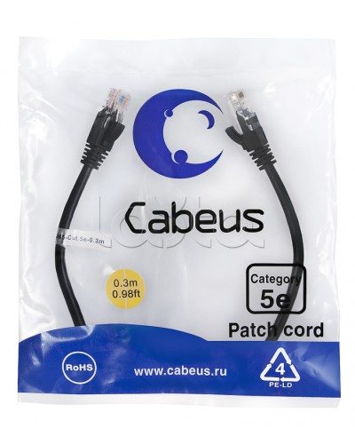 Патч-корд медный U/UTP кат.5е (0,3м) LSZH (черный) Cabeus (PC-UTP-RJ45-Cat.5e-0.3m-BK-LSZH) в Симферополе Патчкорды (медные) Pintop.ru